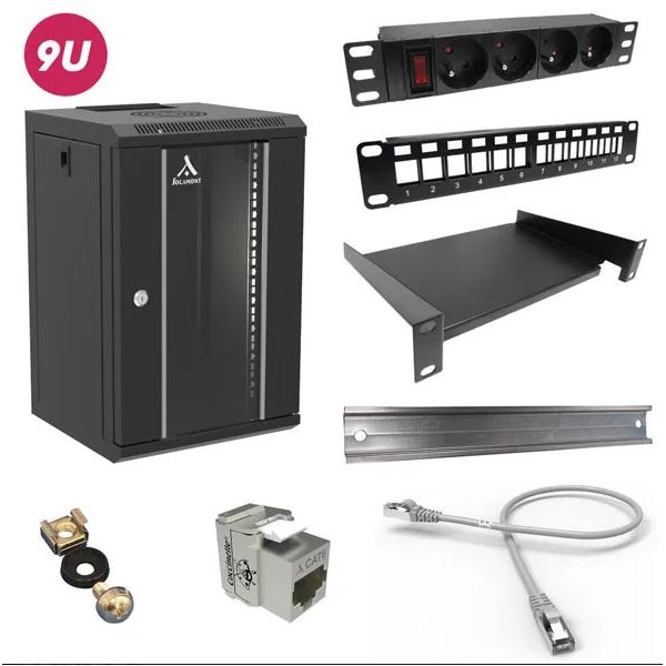 Coffret Réseau BUNDLE-DIN avec accessoires - 10'' - 9U - H485xL310xP300 - Noir - Monté - Porte Verre - photo 1