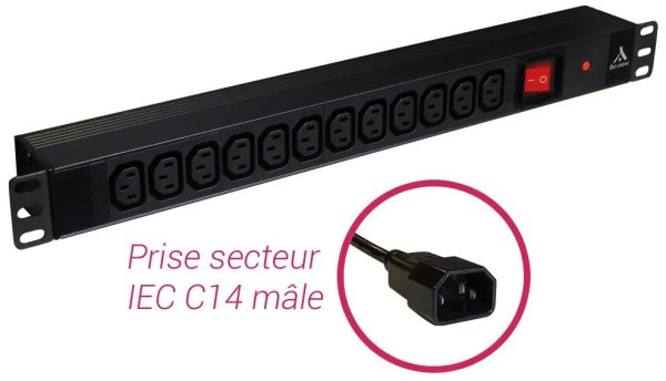 Socamont - Bandeau de prises - 19'' - 1U - 12 prises C13 avec disjoncteur et interrupteur à voyant lumineux (réf. 71143)