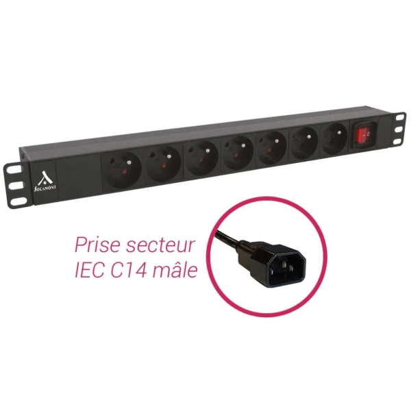 Bandeau de prises - 19'' - 1U - 7 prises FR avec interrupteur lumineux et prise IEC C14 Male